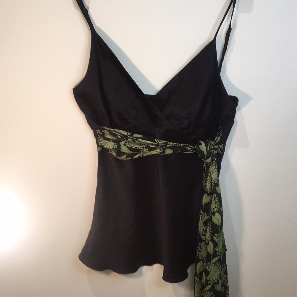 Bebe Silk Black Top with Green Floral Accent S